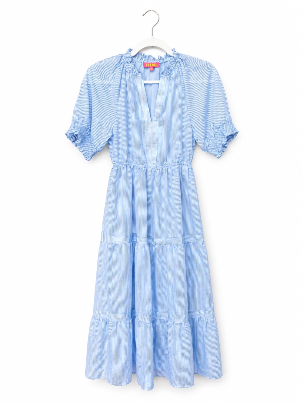 THML Maxi Dress Tiered Blue White Stripe Praire cottage core baby shower gender